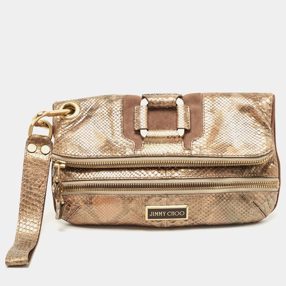 Jimmy Choo Gold/Brown Python Leather Foldover Clutch
